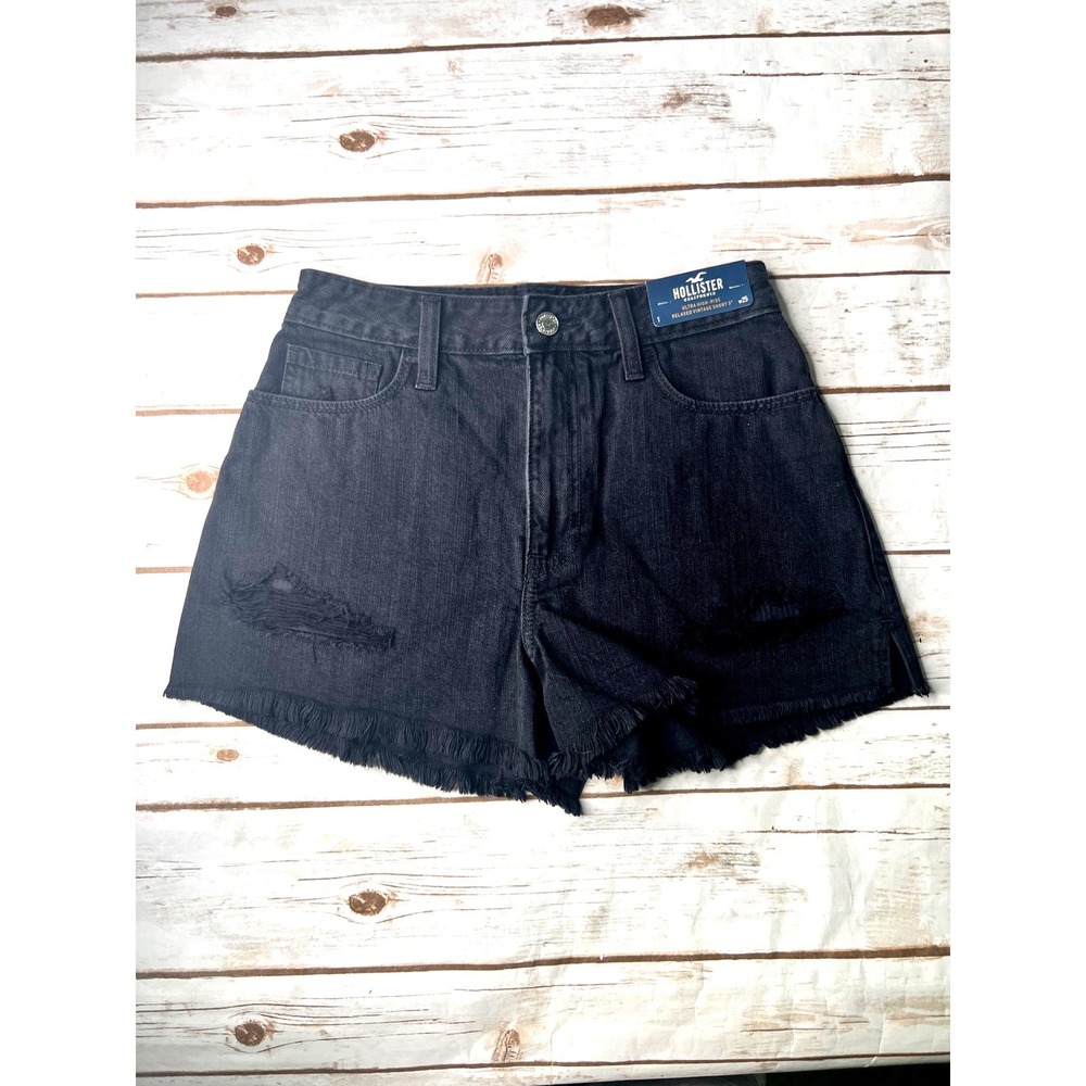 New Hollister Denim Shorts Black Ultra High Rise Relaxed Distressed SZ 1 W25
